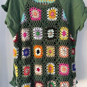 Umgee Green Crochet Patchwork Tee